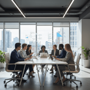 Grupė verslo žmonių diskutuoja apie lead generavimo strategijas šiuolaikiškame biure