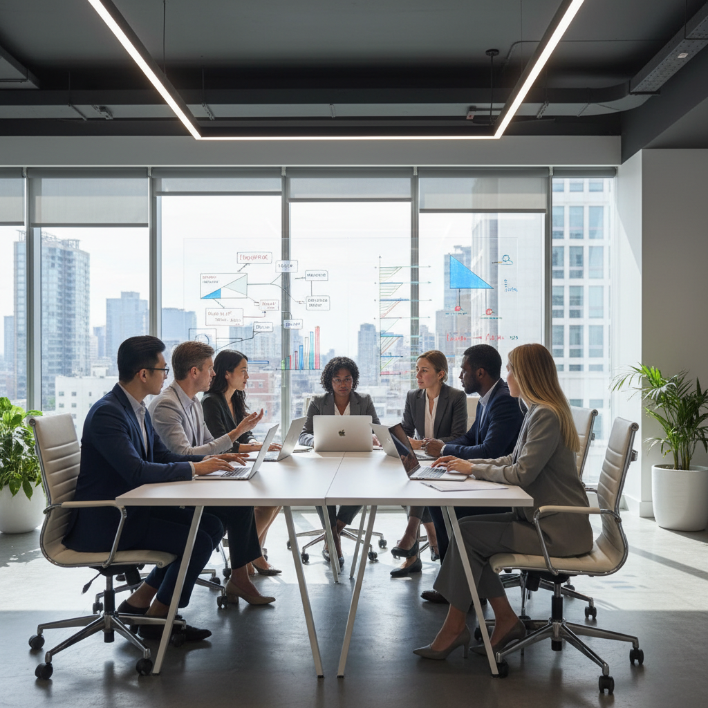 Grupė verslo žmonių diskutuoja apie lead generavimo strategijas šiuolaikiškame biure