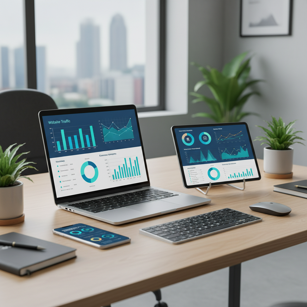 Skaitmeninio marketingo darbo stalas su įvairiais įrenginiais ir analitika