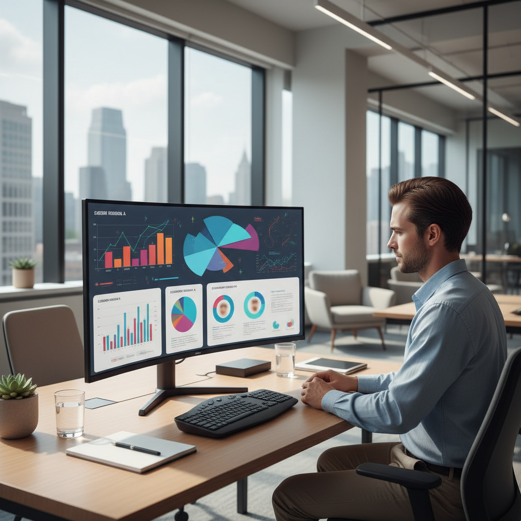 Specialistas analizuoja idealų klientą ir jų duomenis skaitmeniniame ekrane