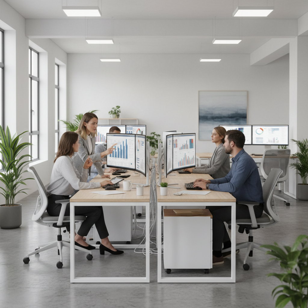 Google Ads kampanijų optimizavimo pagrindinė iliustracija – specialistai analizuoja reklamos rezultatus biure