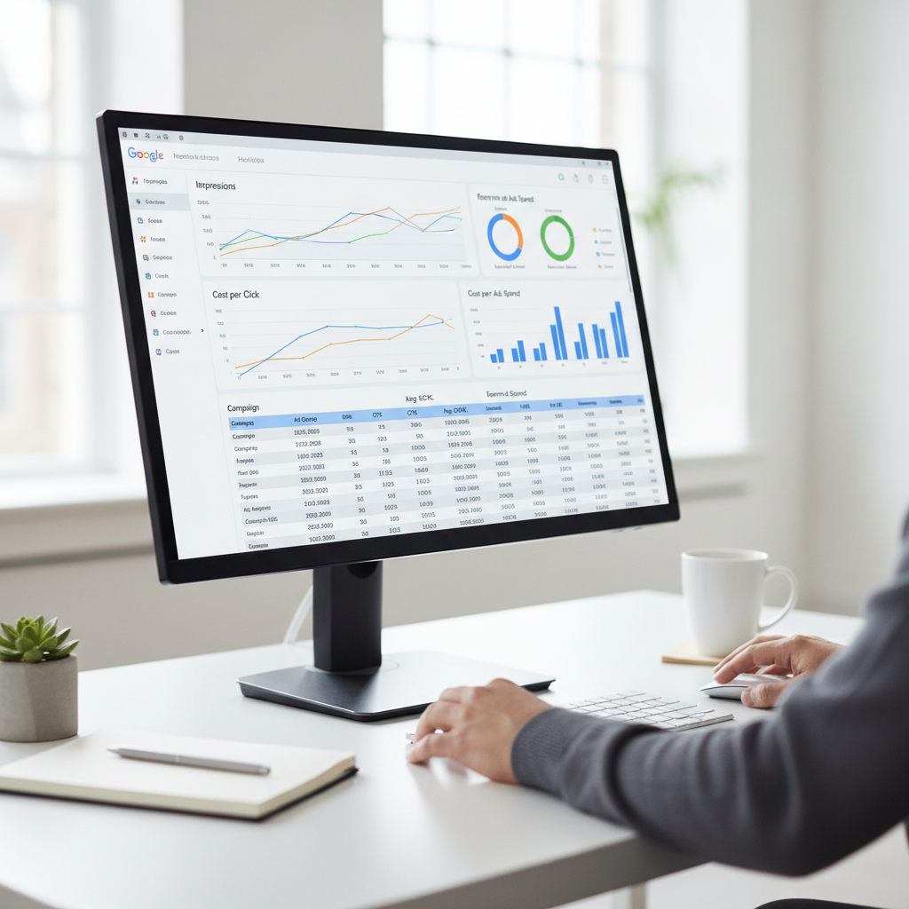 Duomenų analizė Google Ads optimizavimui – specialistas tikrina analizės duomenis ekrane