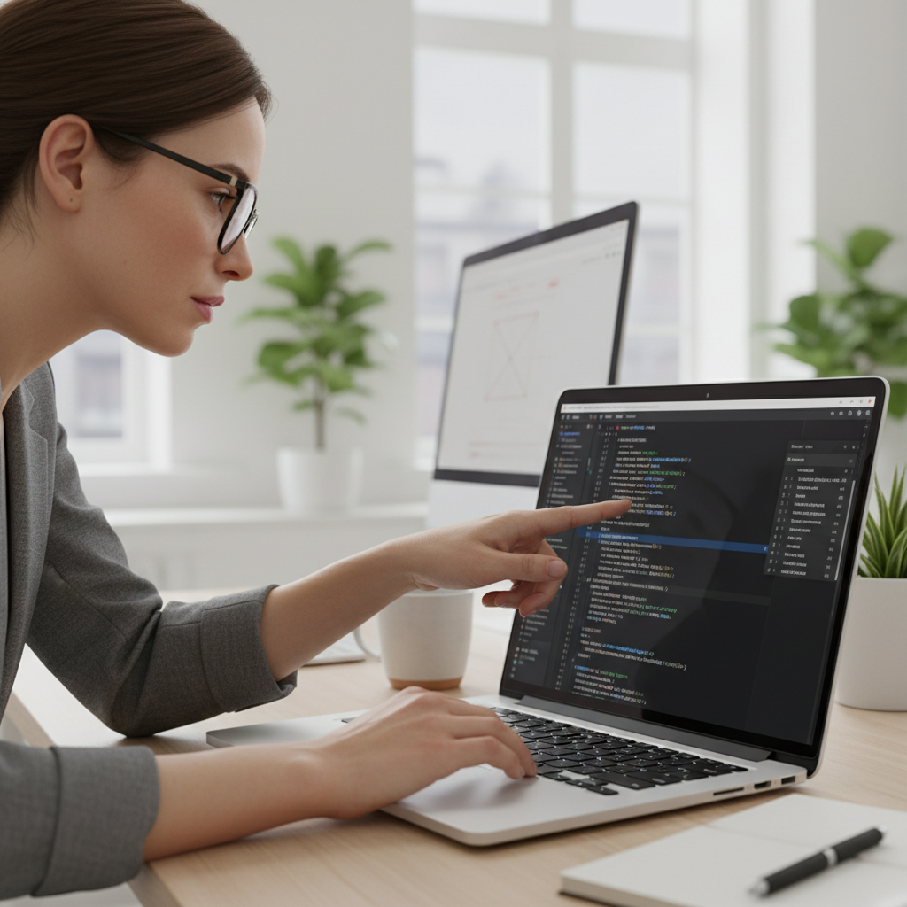 Specialistas analizuoja svetainės techninius aspektus SEO audito metu