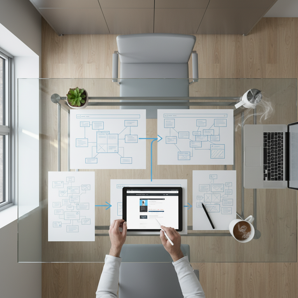 SEO specialistas peržiūri svetainės struktūrą ir navigacijos schemas