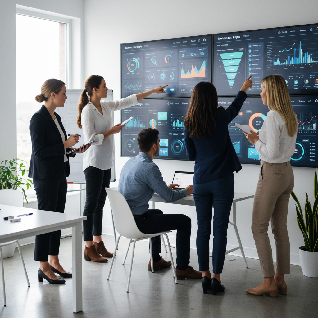 Verslo komanda analizuoja interneto svetainės duomenis šiuolaikiškame biure