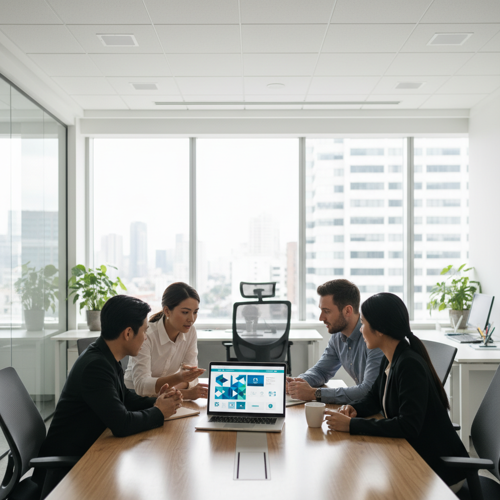 Verslo komanda planuoja WordPress svetainės kūrimą biure