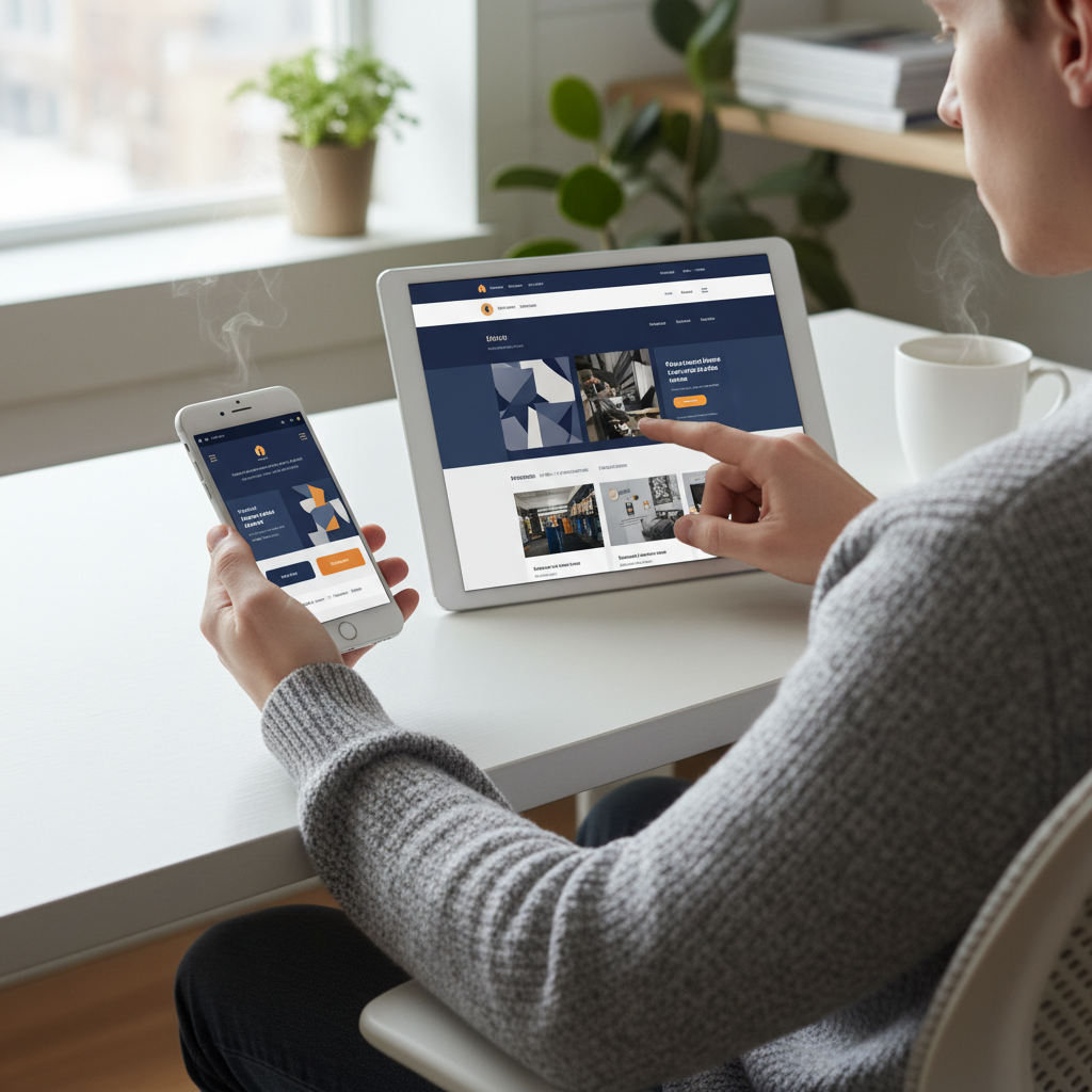 Žmogus peržiūri WordPress svetainę telefone ir planšetėje