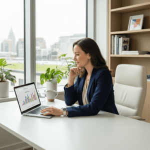 E-komercijos pardavimų didinimo pagrindinis vaizdas – verslo savininkas analizuoja pardavimų duomenis biure.