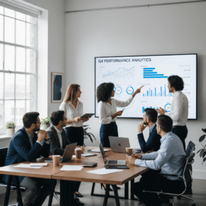 E-komercijos komanda aptaria parduotuvės analitikos duomenis modernioje darbo aplinkoje.