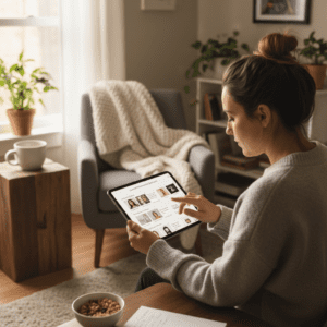 Internetinės parduotuvės vadovas kuria personalizuotus pasiūlymus klientams planšetėje.