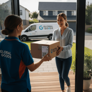 Kurjeris pristato e-komercijos siuntinį klientui į namus šypsenų lydimoje aplinkoje.