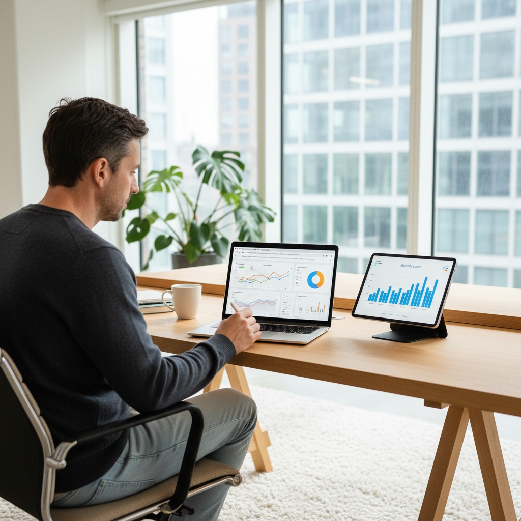 Žmogus analizuoja svetainės statistiką su nešiojamu kompiuteriu ir planšete