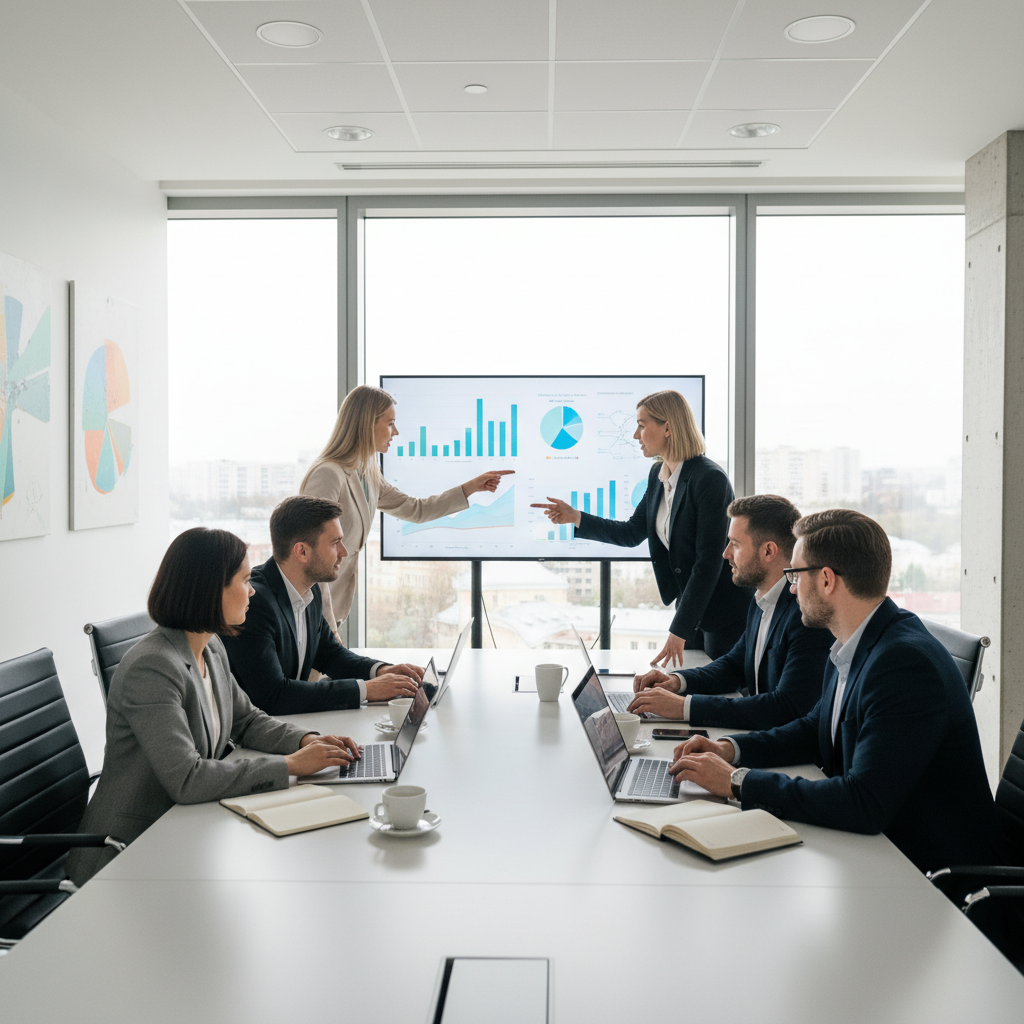 Skaitmeninio marketingo specialistai aptaria strategiją susirinkimų kambaryje