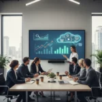 Verslo komanda diskutuoja apie Google Ads ir SEO strategijas modernioje aplinkoje