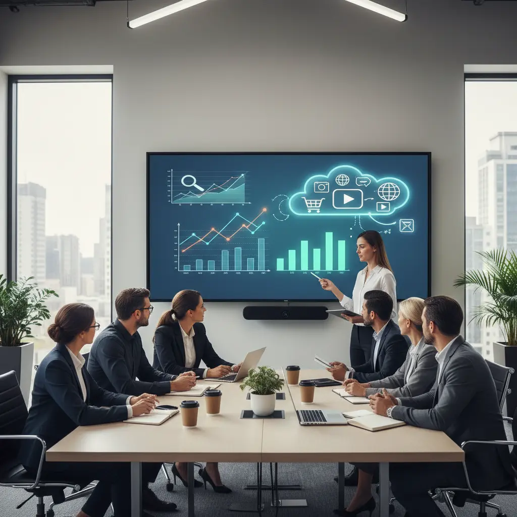 Verslo komanda diskutuoja apie Google Ads ir SEO strategijas modernioje aplinkoje