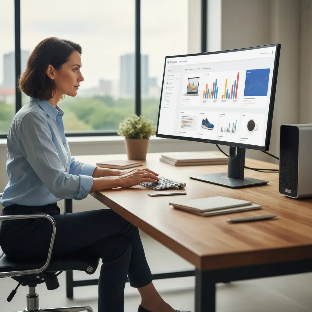 Marketingo specialistas kuria Google Ads reklamos kampaniją biure