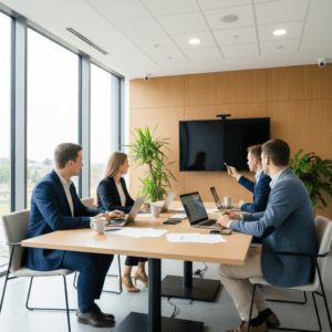 Smulkaus verslo komanda Lietuvoje aptaria SEO strategiją šiuolaikiškoje biuro aplinkoje