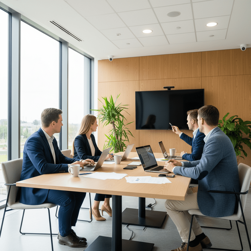 Smulkaus verslo komanda Lietuvoje aptaria SEO strategiją šiuolaikiškoje biuro aplinkoje