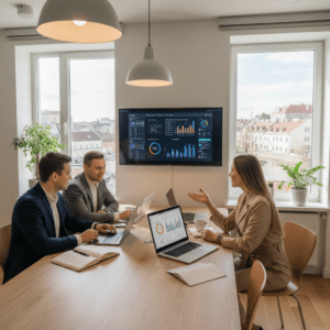 Smulkaus verslo savininkai kuria SEO strategiją Lietuvoje moderniame biure