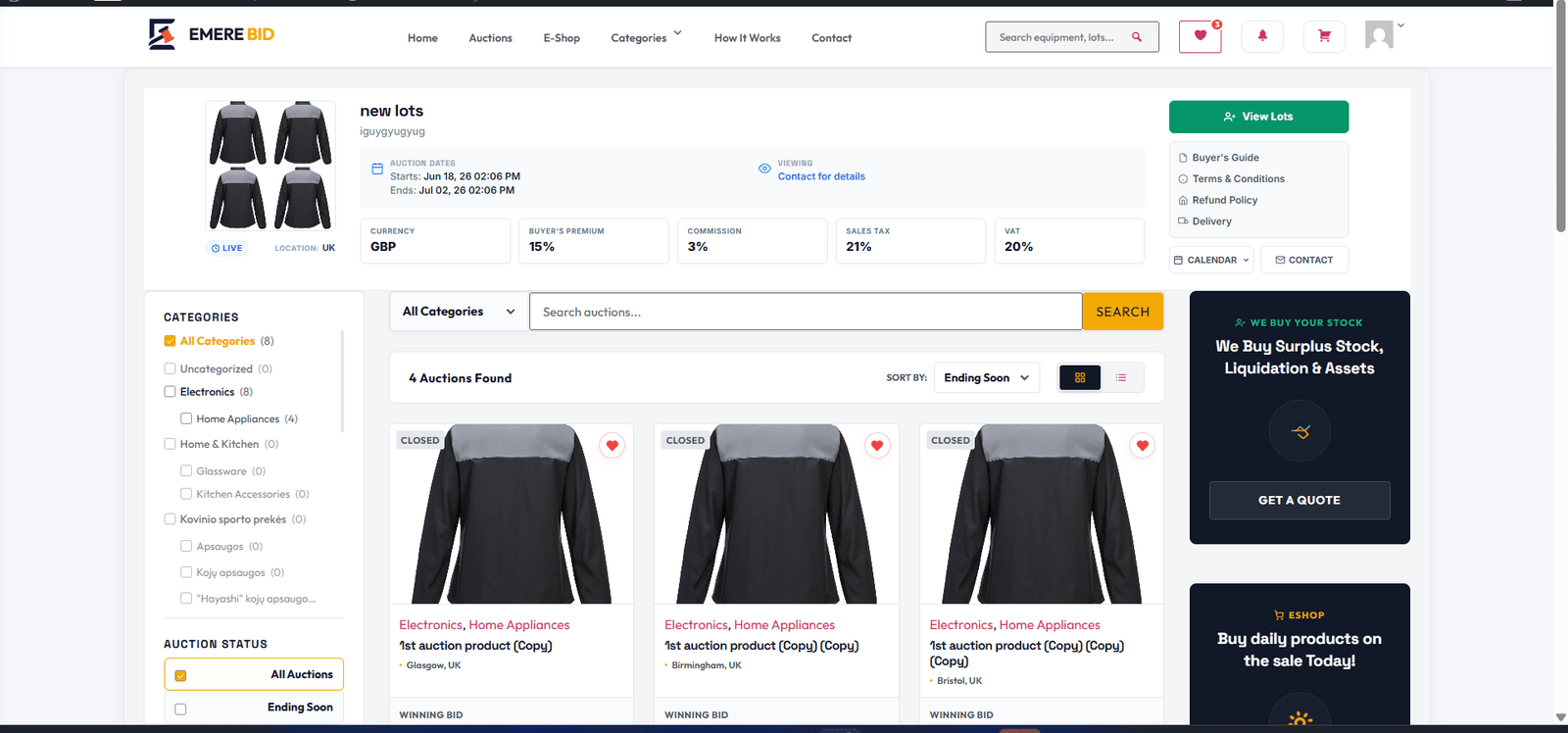 EMERE BID Auction Marketplace Layout