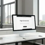 Moderni darbo vieta su rodomu efektyviu landing page ekrane