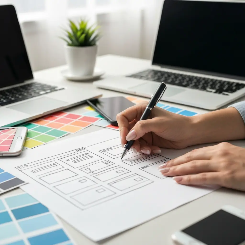 Dizainerio rankos kuria landing page maketą