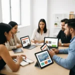 Reklamos komanda planuoja skaitmeninę strategiją su landing page pavyzdžiais
