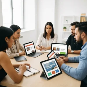 Reklamos komanda planuoja skaitmeninę strategiją su landing page pavyzdžiais