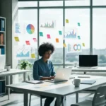 SEO straipsnio rašymas verslo svetainei prie nešiojamo kompiuterio šiuolaikiniame biure