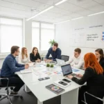 Komanda kuria turinio marketingo strategiją Lietuvoje moderniame biure