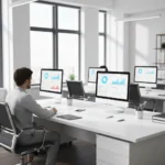 Google Performance Max kampanijos 2026 pagrindinis vaizdas – šiuolaikinis biuras su skaitmeninės rinkodaros analizėmis ekranuose