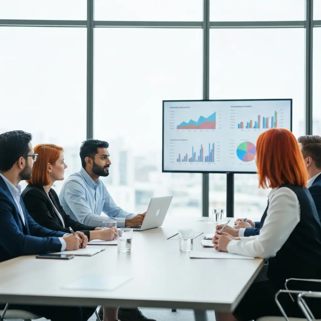 Komanda aptaria Google Performance Max kampanijų rezultatus susirinkimų kambaryje