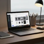 Google Shopping optimizavimo pradžios žingsnių iliustracija prie nešiojamojo kompiuterio