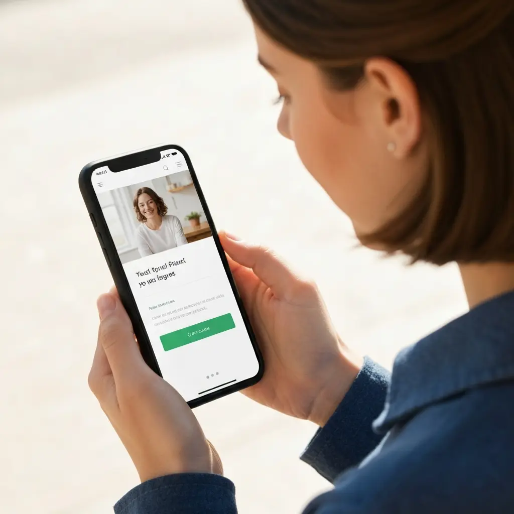 Naudotoja naršo greitą ir pritaikytą mobiliesiems svetainę telefone