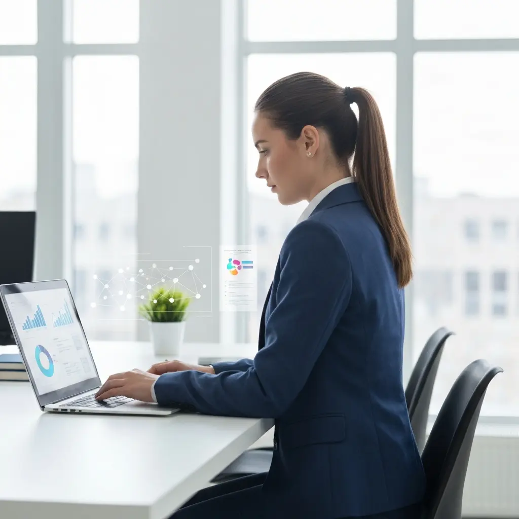 Verslo moteris analizuoja remarketingo Google Ads rezultatus savo nešiojamame kompiuteryje.