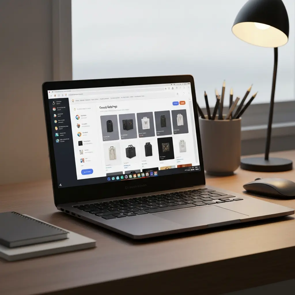 Google Shopping optimizavimo pradžios žingsnių iliustracija prie nešiojamojo kompiuterio