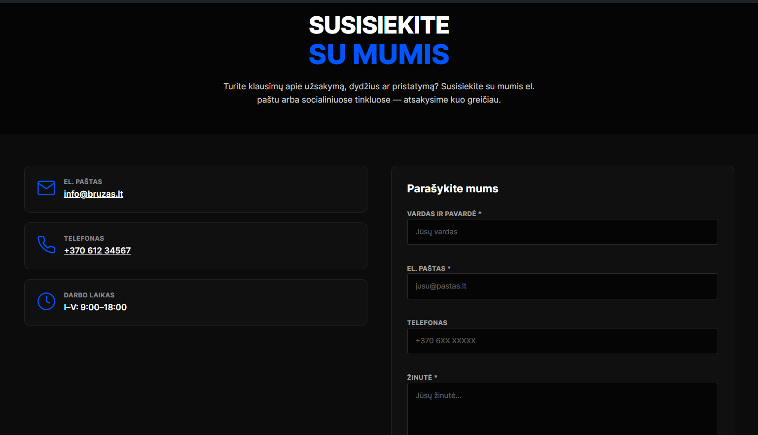 BRUŽAS Kontaktai puslapis su kontaktine informacija ir lietuviška Contact Form 7 forma