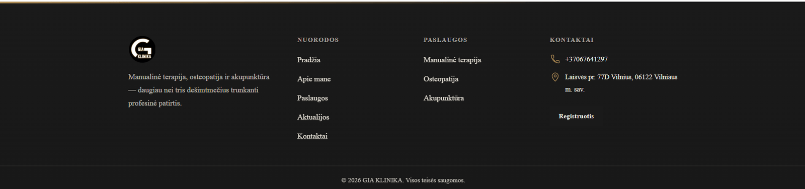 GIA Klinikos svetainės tamsaus dizaino poraštė su nuorodomis ir kontaktais
