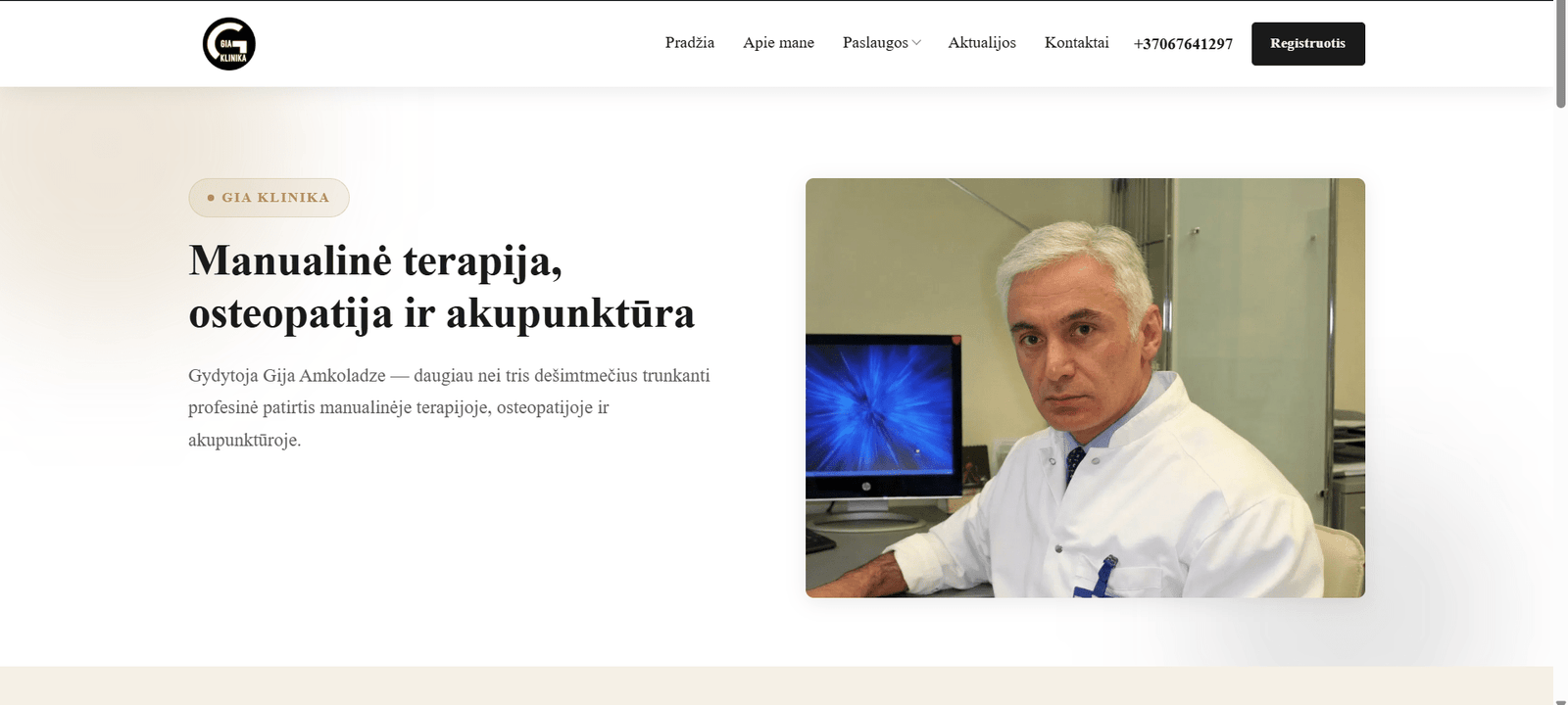 GIA Klinikos individualiai sukurtos svetainės pagrindinis puslapis su gydytojos Gijos Amkoladze nuotrauka