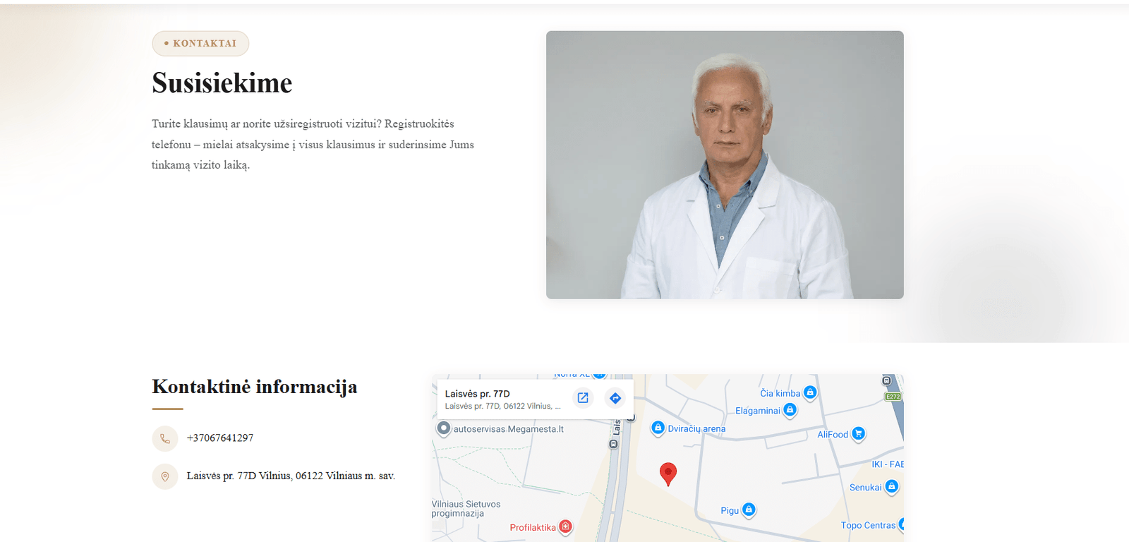 GIA Klinikos kontaktų puslapis su žemėlapiu ir gydytojos nuotrauka