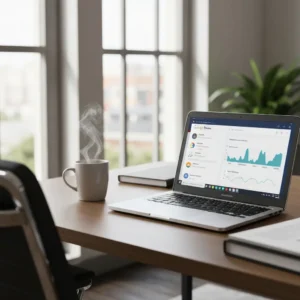 Google My Business paskyros optimizavimo pagrindinis vaizdas su nešiojamuoju kompiuteriu biure