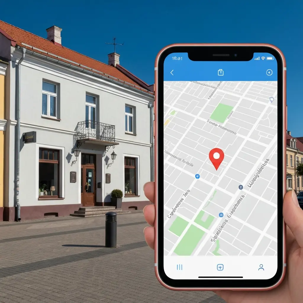 Lietuviško verslo iškaba vietinėje gatvėje matoma per išmanųjį telefoną Google žemėlapyje