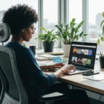 YouTube SEO pagrindinis vaizdas – žmogus žiūri vaizdo įrašus nešiojamame kompiuteryje