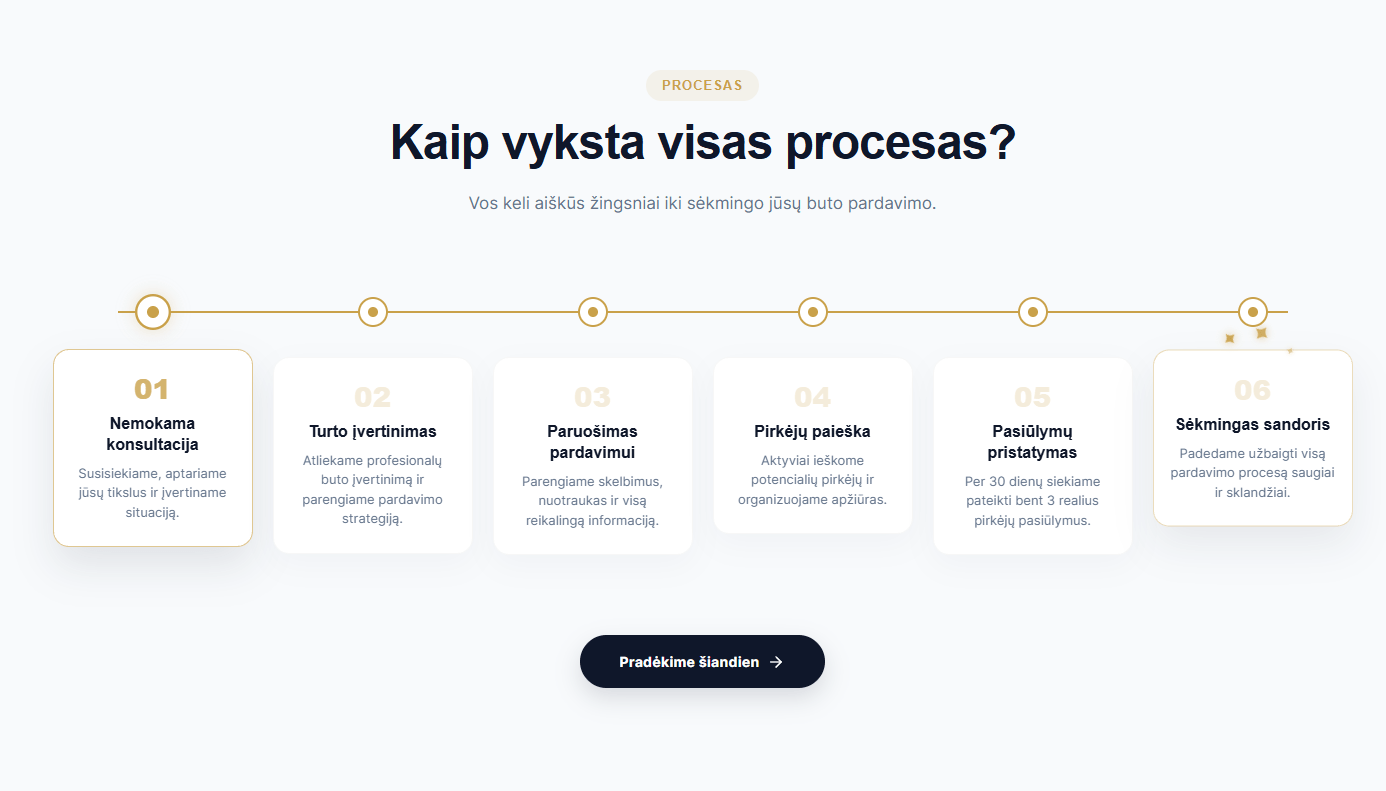 NT30 6 žingsnių pardavimo procesas - konsultacija, vertinimas, paruošimas, pirkėjų paieška, pasiūlymai, sandoris