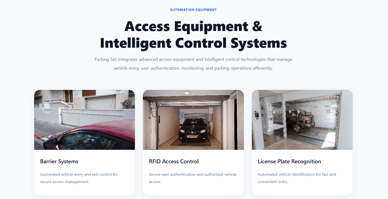 Parking Set prieigos įranga ir intelektualios kontrolės sistemos - barjerų sistemos, RFID prieigos kontrolė, numerių atpažinimas