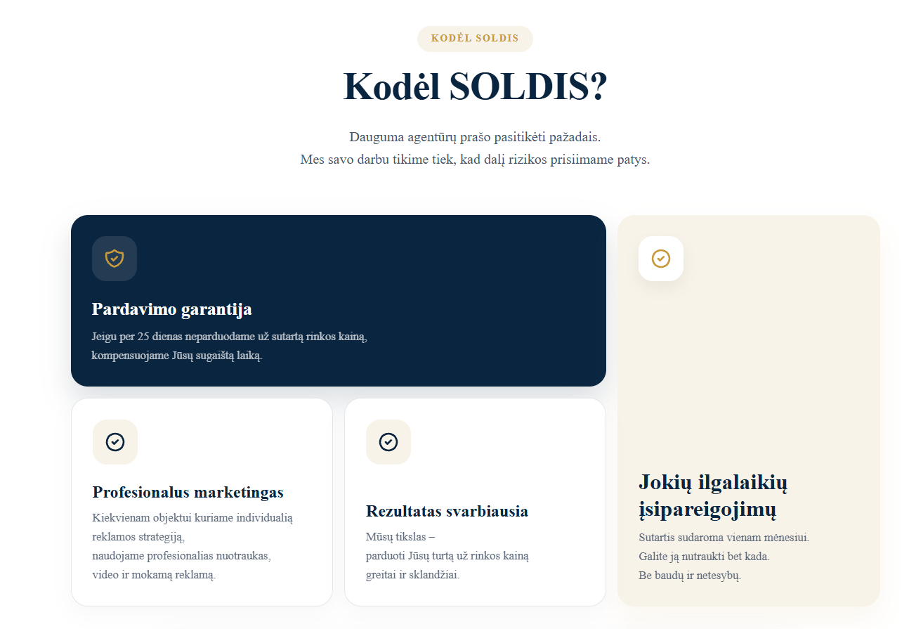 SOLDIS privalumai - pardavimo garantija, profesionalus marketingas, jokių ilgalaikių įsipareigojimų