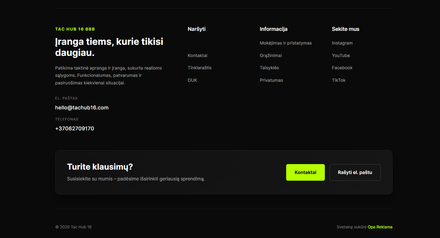 TAC HUB 16 svetainės poraštė su kontaktais ir socialinių tinklų nuorodomis
