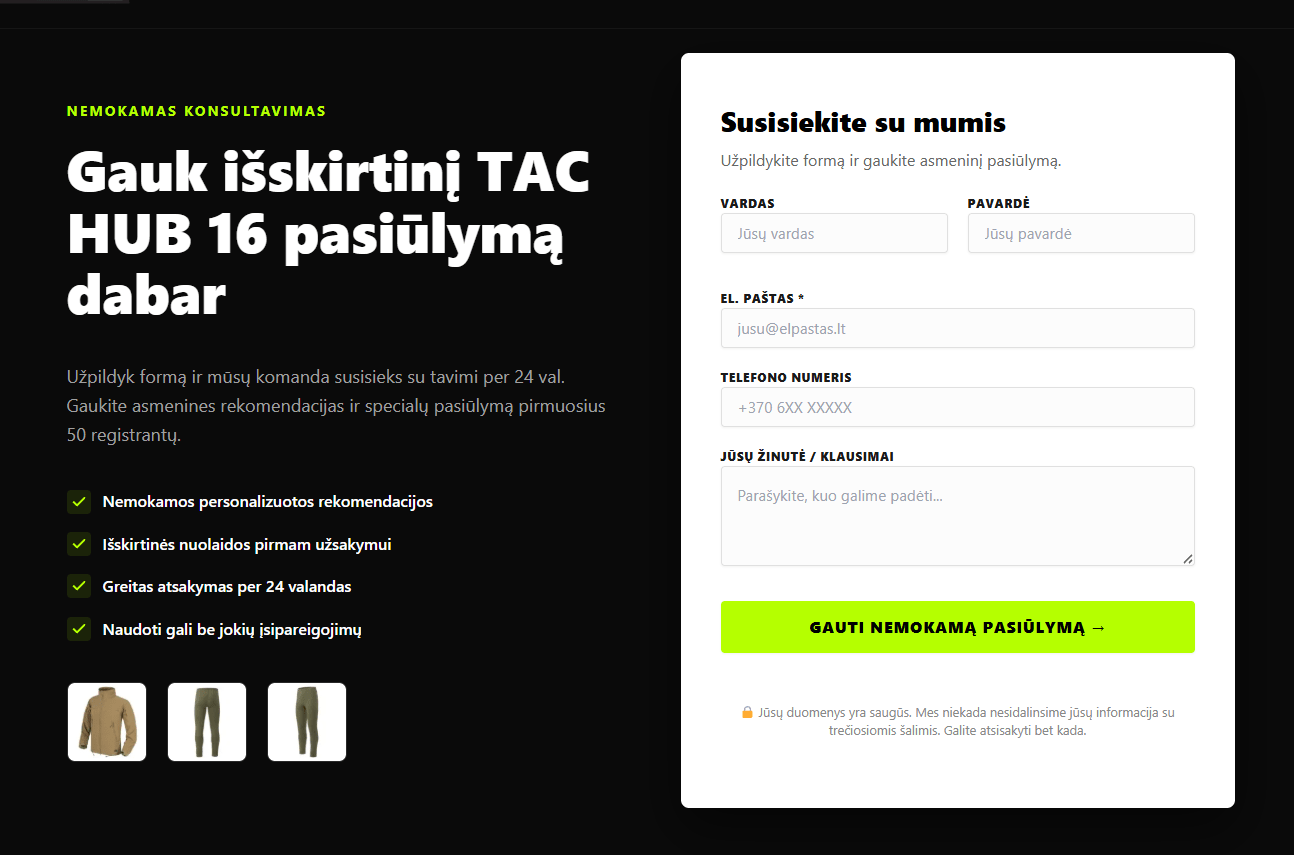 TAC HUB 16 kontaktų forma su specialaus pasiūlymo paskata pirmiems 50 registruotiems