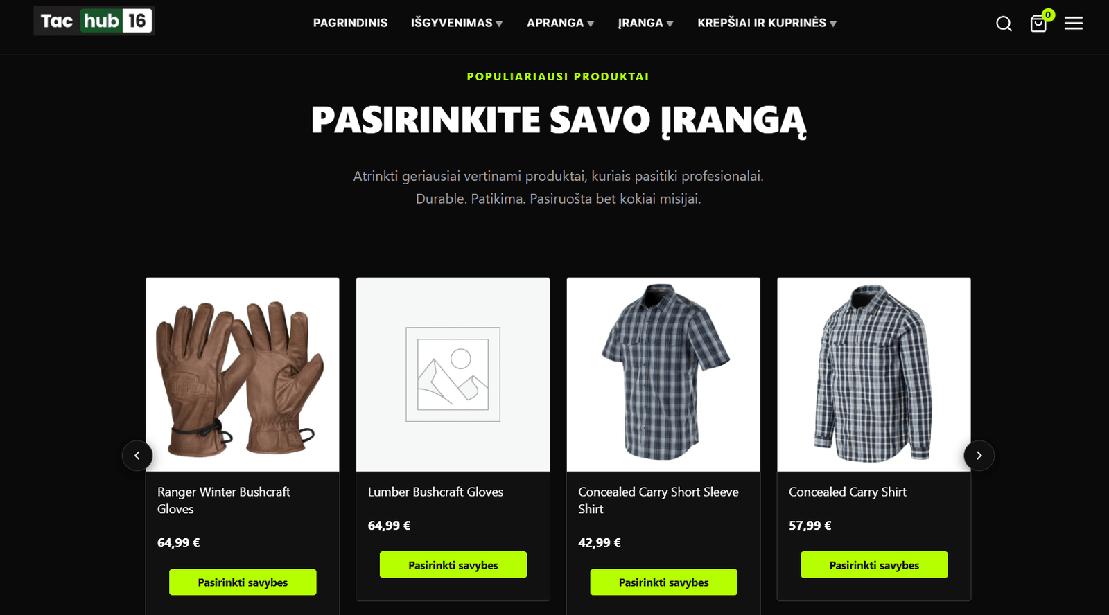 TAC HUB 16 populiariausių produktų karuselė su kainomis ir Pasirinkti savybes mygtukais