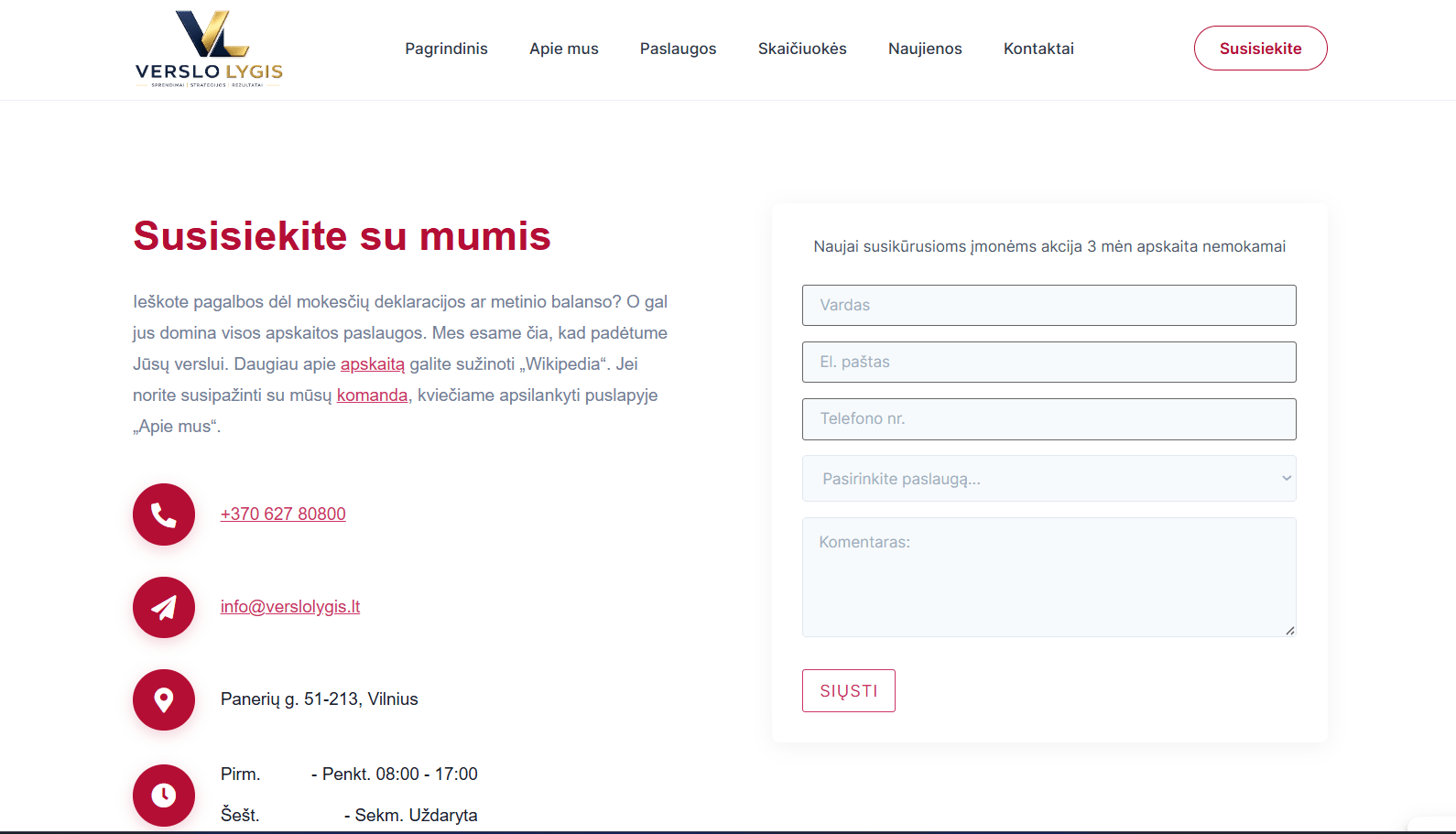 Verslo Lygis Kontaktai puslapis su kontaktine informacija ir užklausos forma
